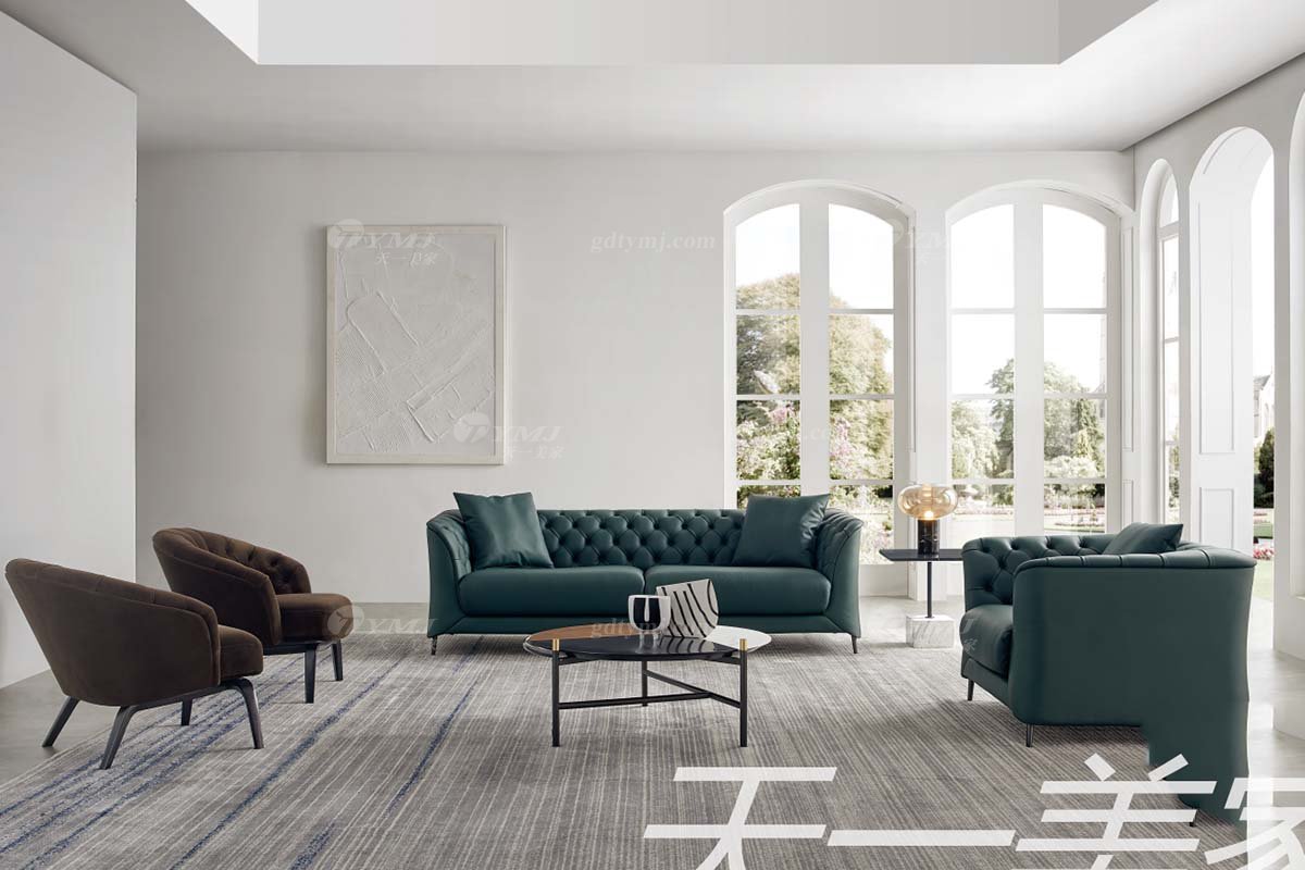 极简风格家具LUTUBE视频在线观看别墅会所大宅简约实木绿色半皮单位沙发WD601沙发场景