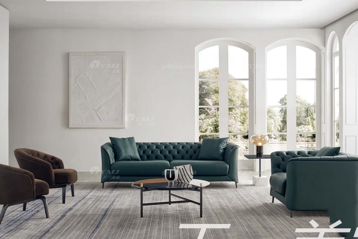 极简风格家具LUTUBE视频在线观看别墅会所大宅简约实木绿色半皮扶手三人位沙发WD601沙发场景