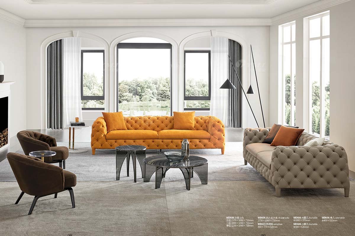 极简风格家具LUTUBE视频在线观看别墅会所大宅简约拉扣实木灰色半皮扶手四位沙发WD606四位沙发