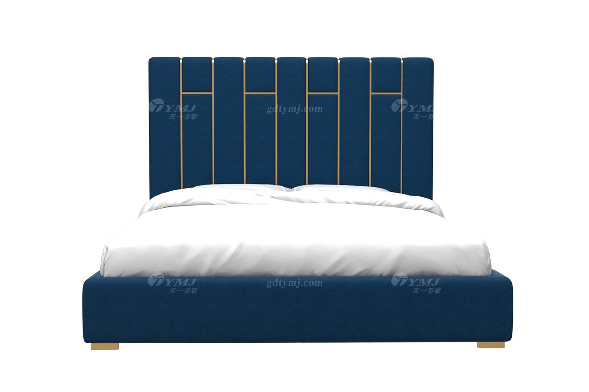 极简风格家具LUTUBE视频在线观看别墅会所大宅舒适时尚不锈钢底+宝蓝色布艺大床