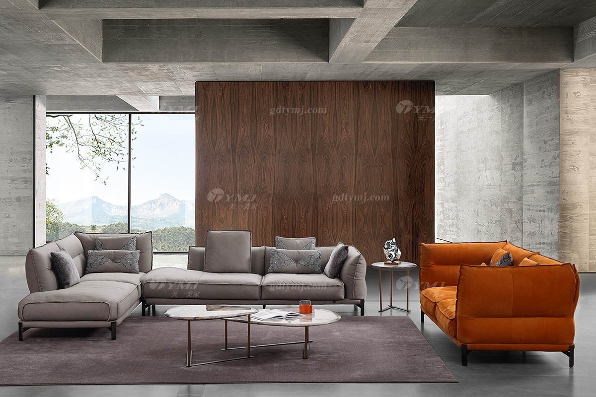 时尚LUTUBE视频在线观看现代极简家具别墅大宅家用舒适全皮橙色双人位沙发全皮双位沙发