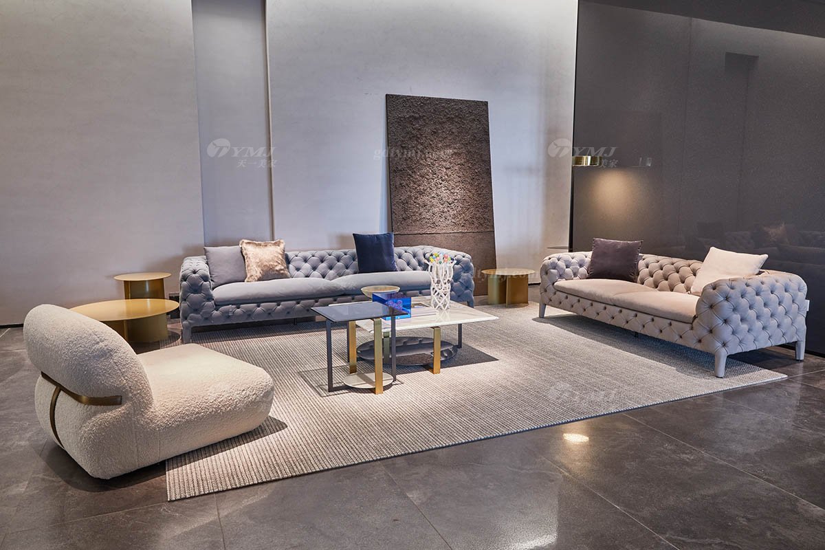 时尚LUTUBE视频在线观看现代极简家具别墅大宅大户型舒适大气蓝色拉扣全皮三位沙发拉扣三位沙发