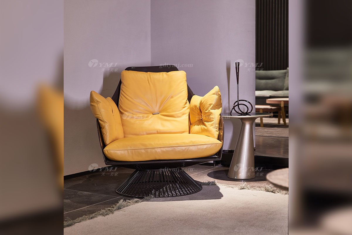 时尚LUTUBE视频在线观看现代简约家具家用别墅舒适黄色真皮+玻璃钢休闲椅7120-1