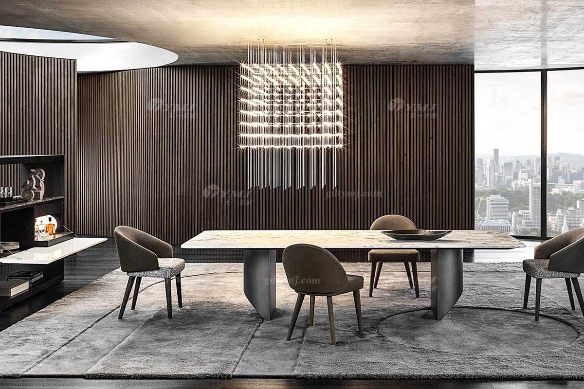  现代简约家具LUTUBE视频在线观看别墅会所家用时尚不锈钢五金底+劳伦黑金大理石长餐台2026